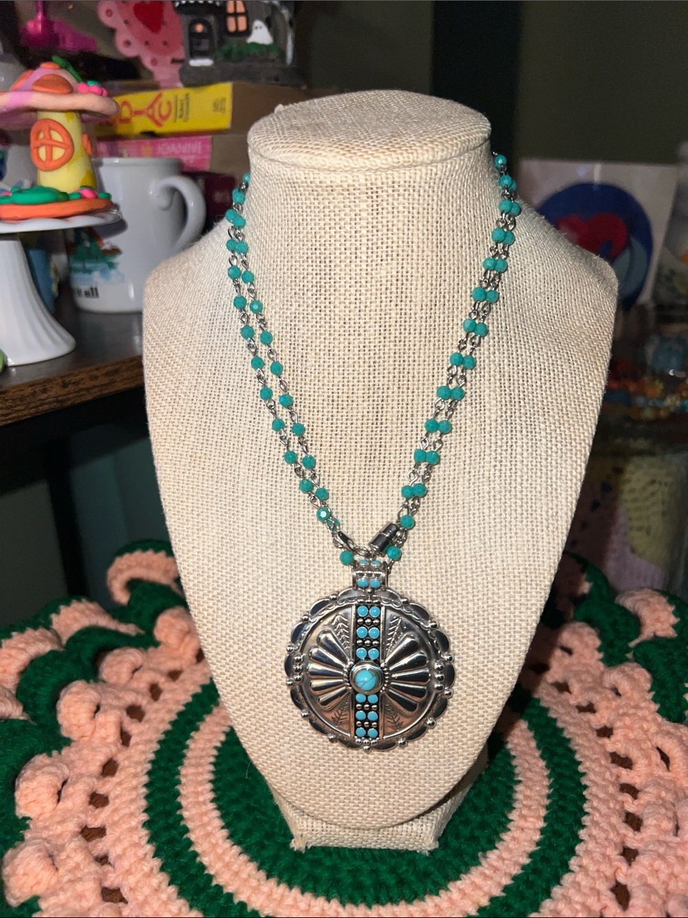 Turquoise Bead and Silver toned Medallion Necklace